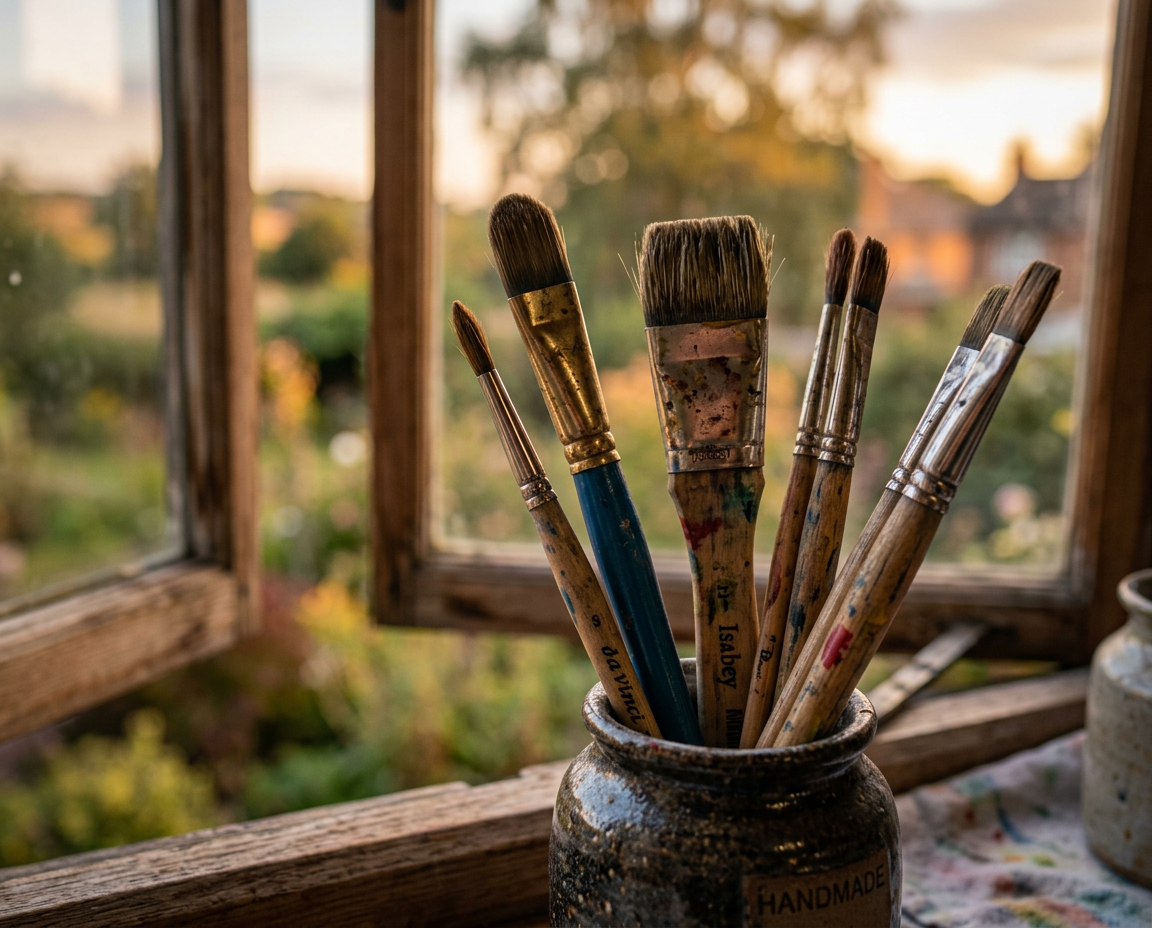Paintbrushes arranged with colorful paint